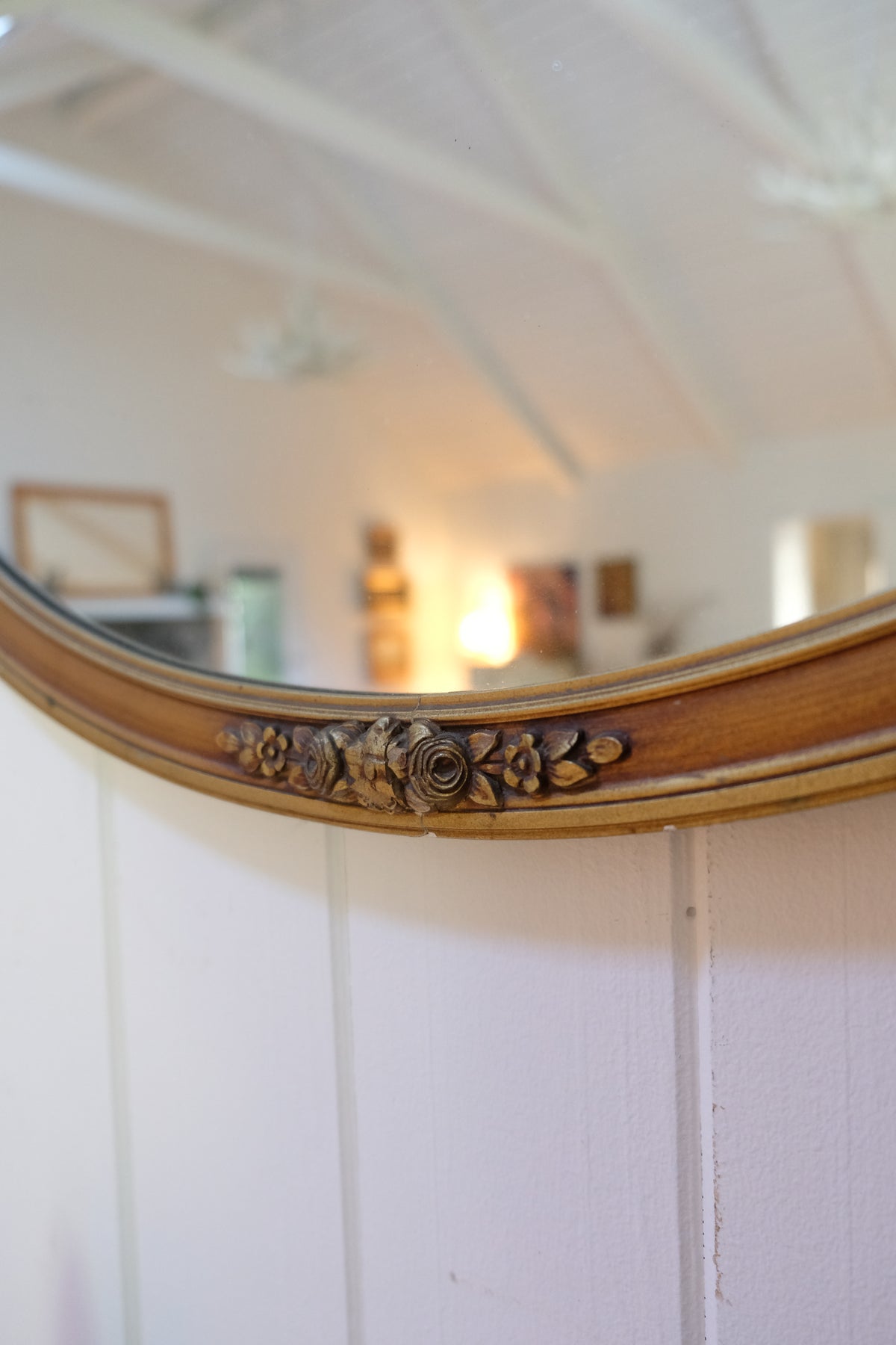 Vintage Carved Wood Gilt Oval Mirror with Floral & Bow Details