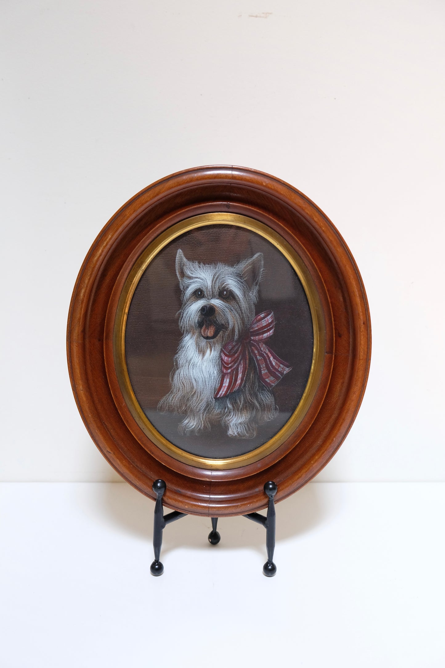 Pastel Puppy Portrait in Oval Walnut Frame with Gilt Liner