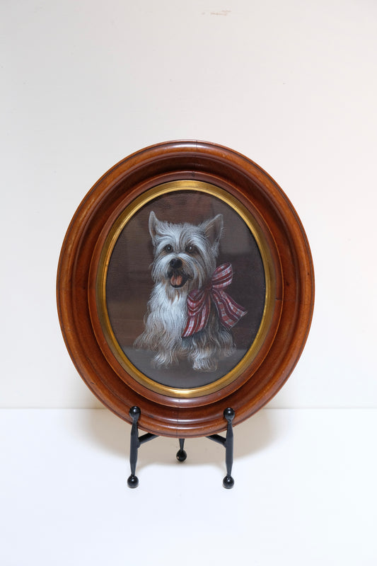 Pastel Puppy Portrait in Oval Walnut Frame with Gilt Liner