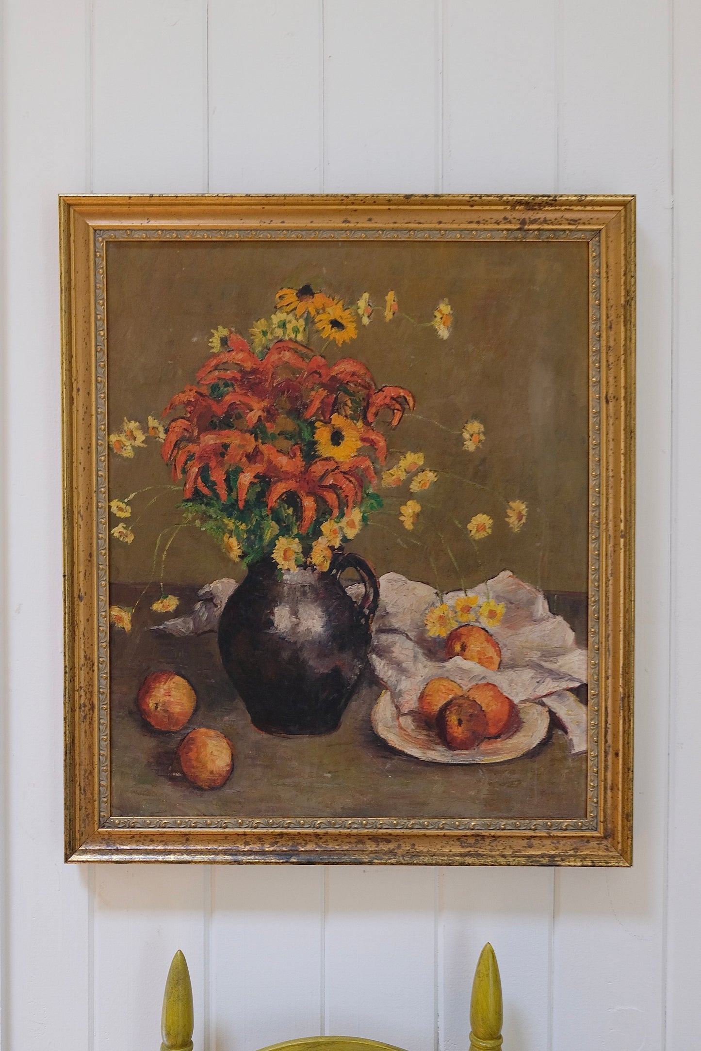 Large Vintage Still Life Painting with Lilies and Peaches (Framed, 27” x 23”)
