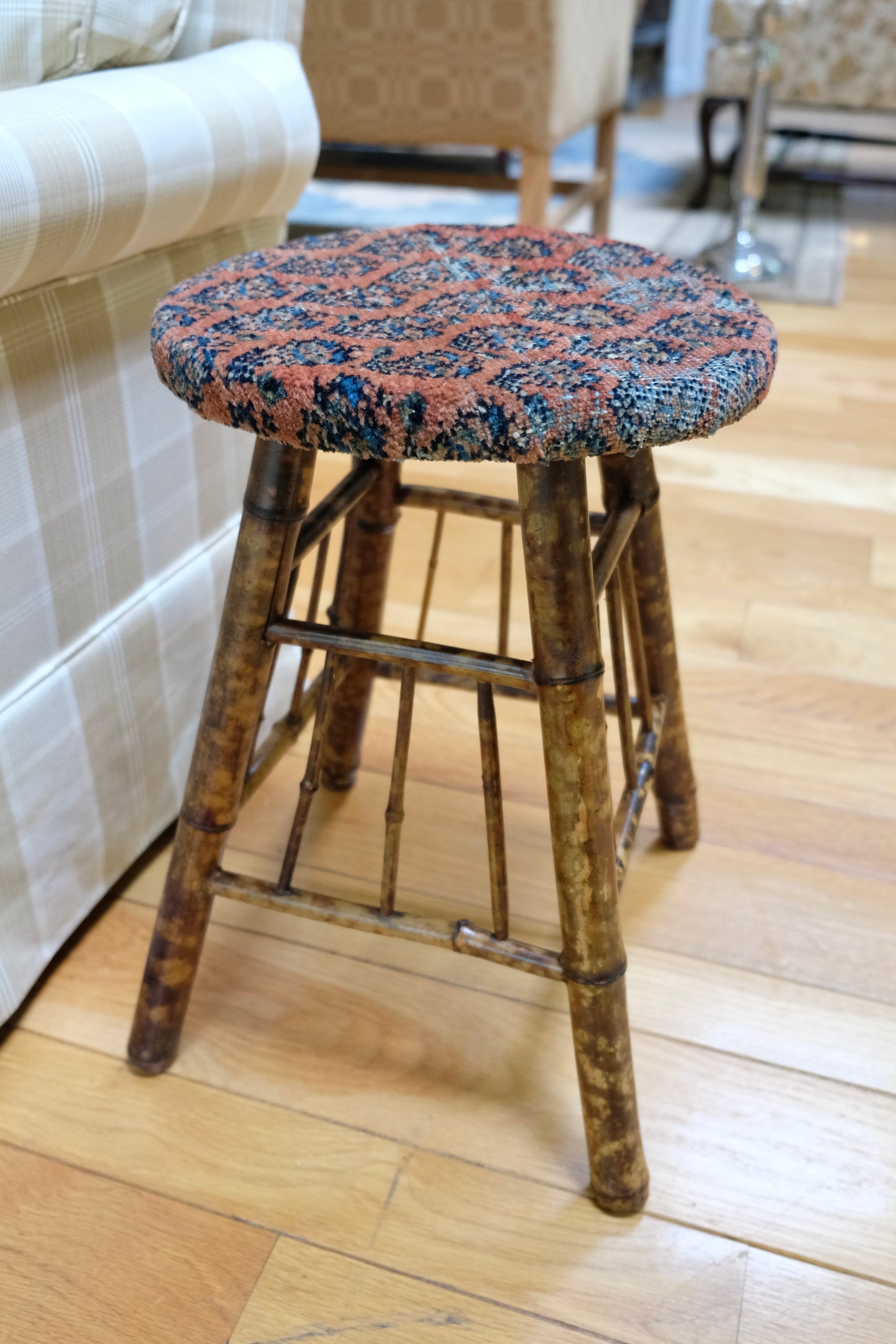 Vintage Bamboo Stool with Turkish Kilim Upholstery