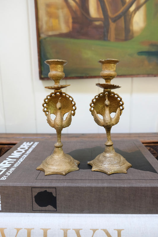 Pair of Antique Indian Brass Peacock Candlesticks