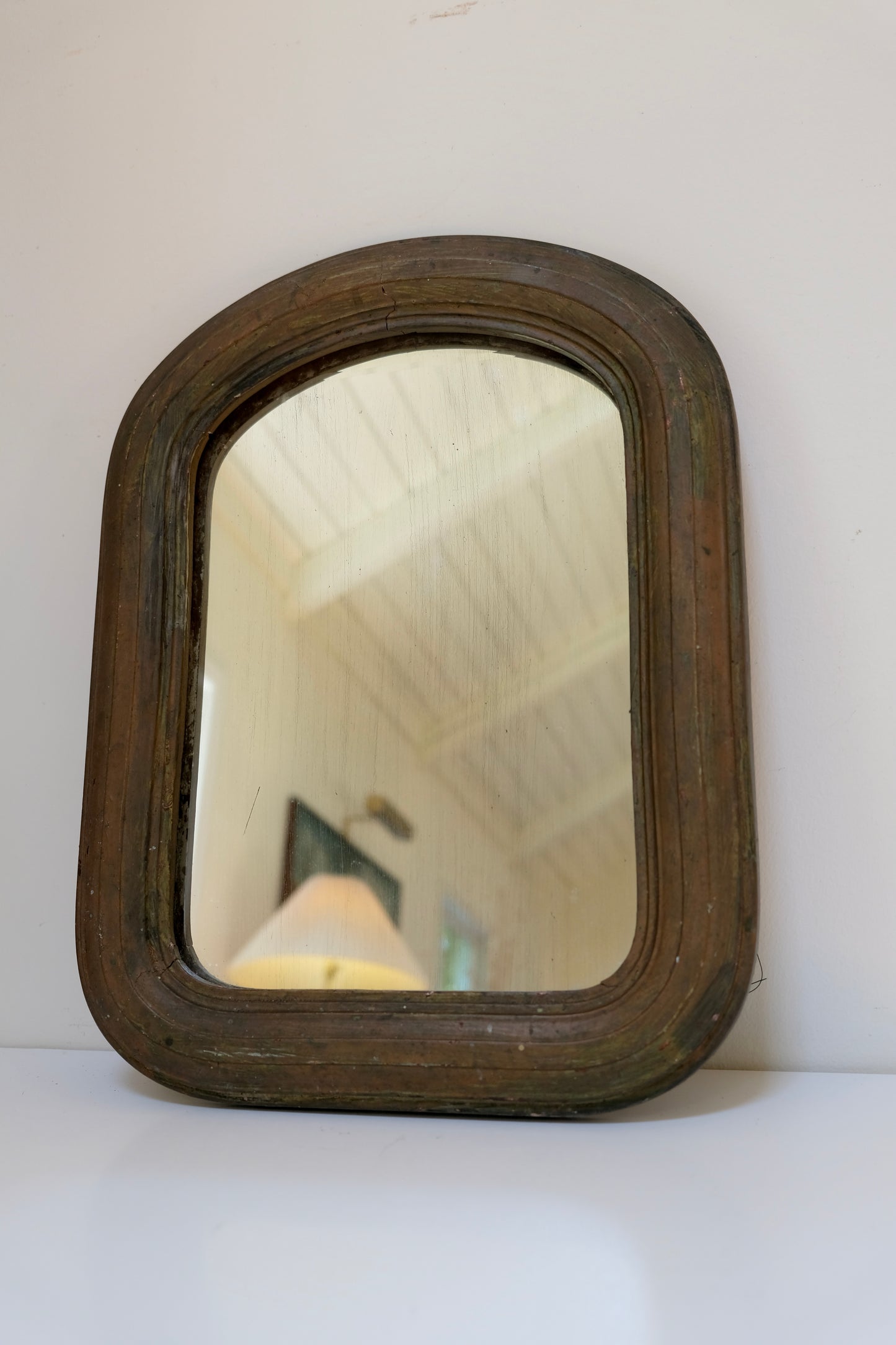 Antique Arched Top Wood Mirror with Original Aged Glass, European Style