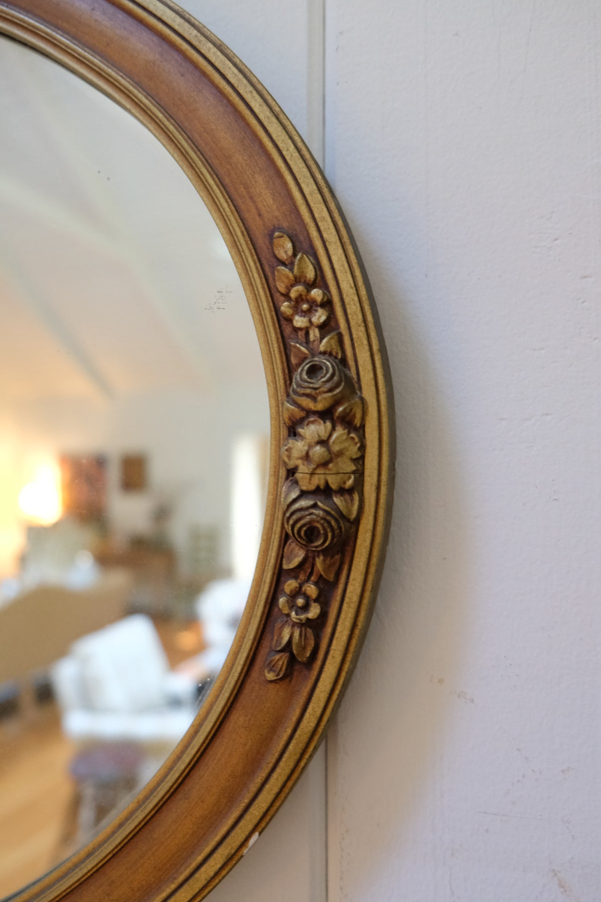 Vintage Carved Wood Gilt Oval Mirror with Floral & Bow Details