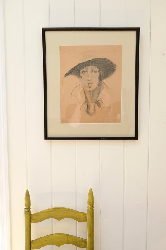 Signed Charcoal Portrait of Woman in Wide-Brimmed Hat, Professionally Framed