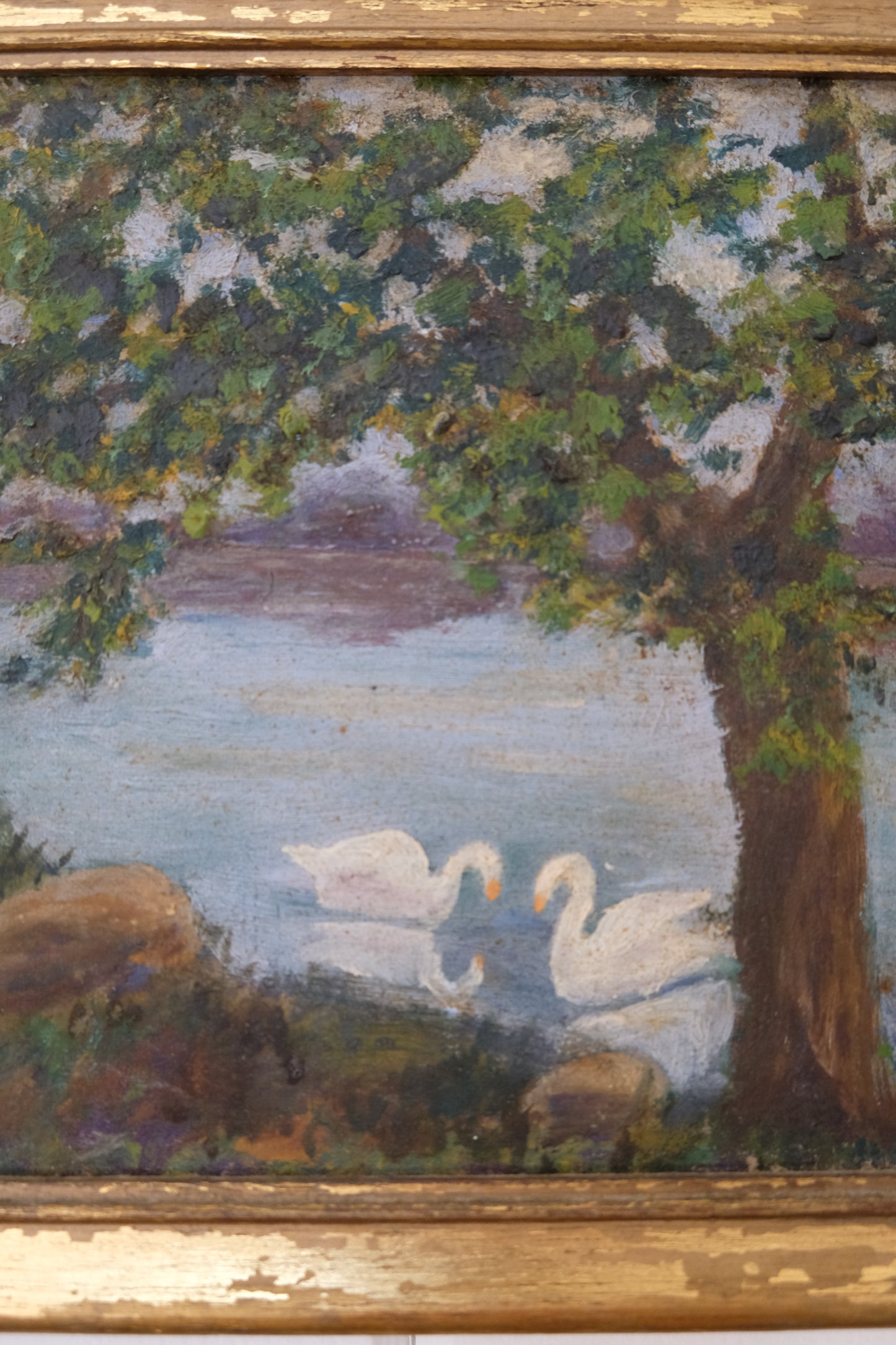 Vintage Swan Landscape Oil Painting