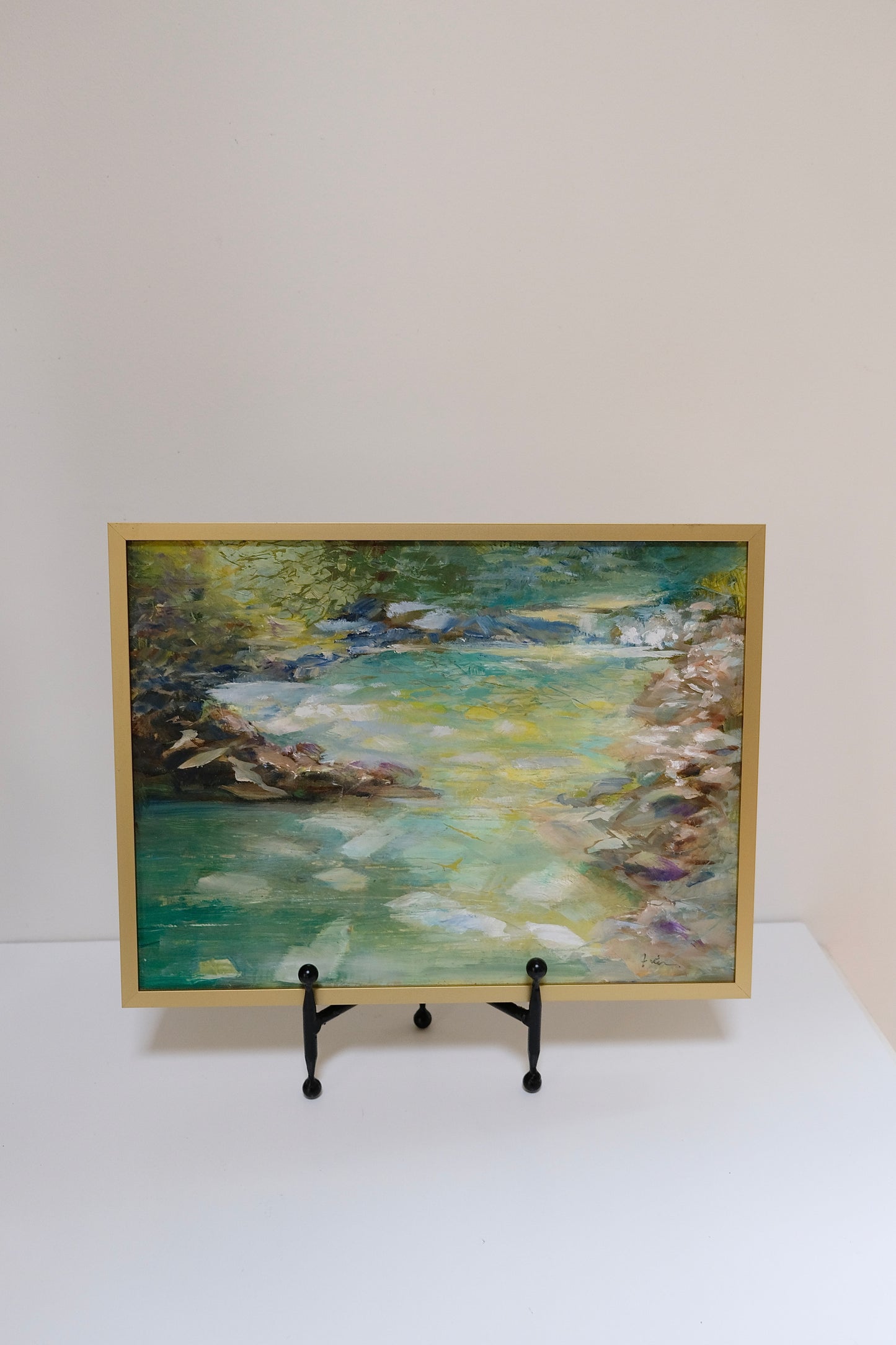 Vintage Signed River Painting in Gold Frame