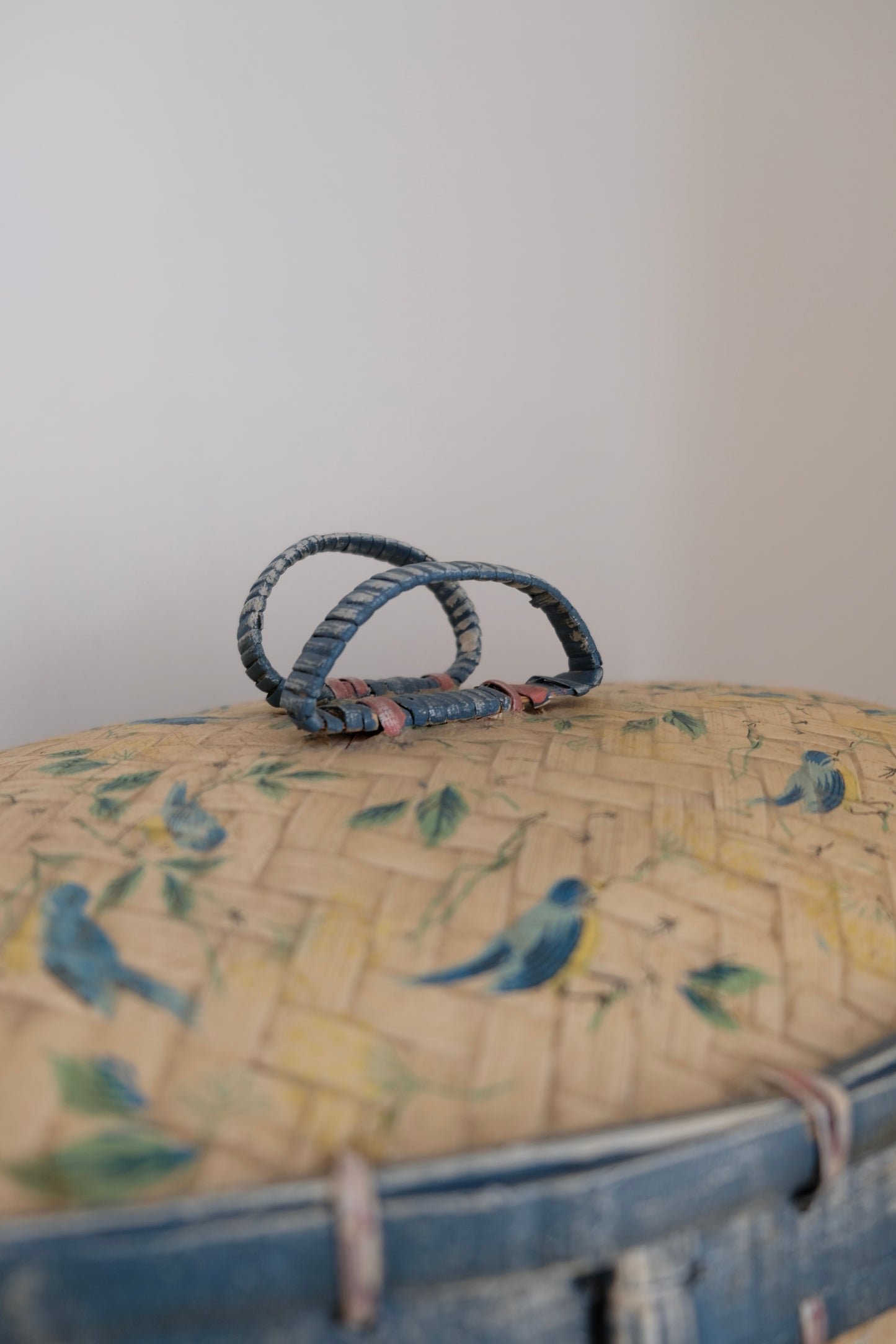Vintage Painted and Signed Lidded Basket with Birds
