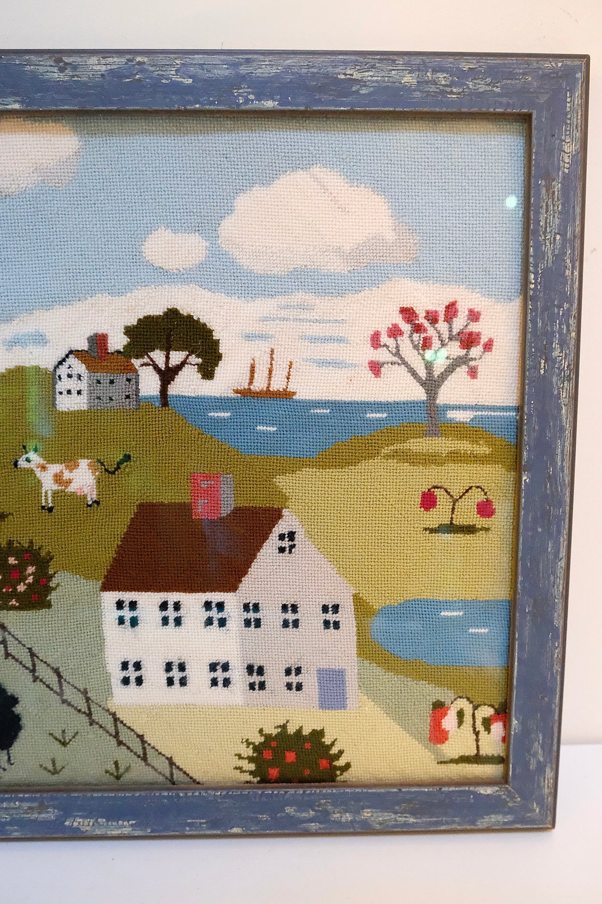 Vintage Framed Folk Art Needlepoint