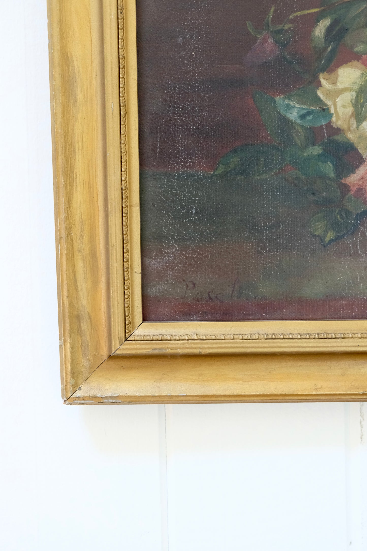 Antique Signed Rose Still Life Oil Painting in Original Gilt Frame