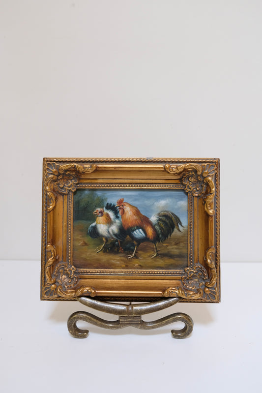 Vintage Rooster/Chickens Oil Painting in Ornate Frame⁠