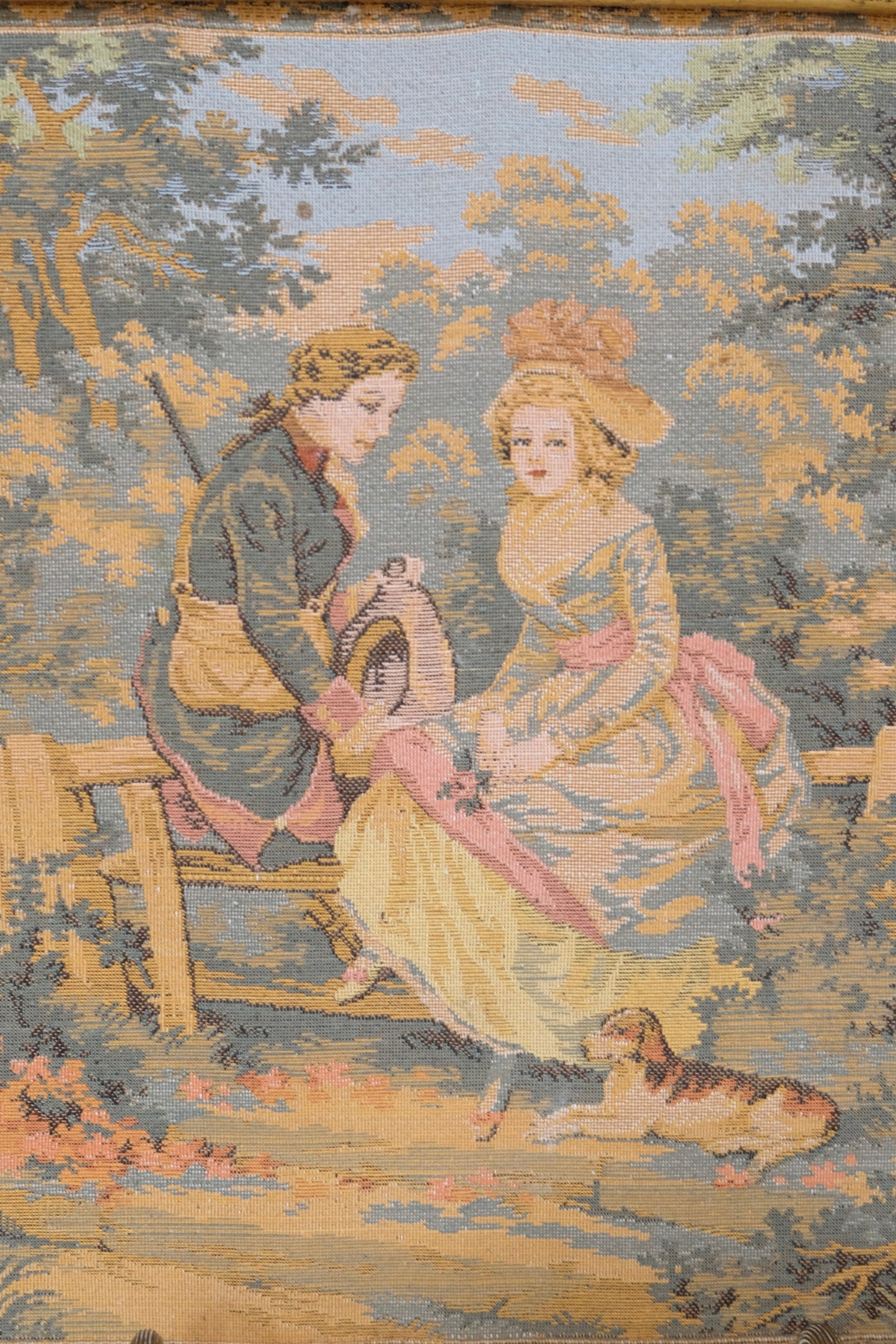 Vintage Chippy Framed Tapestry with Couple and Pup
