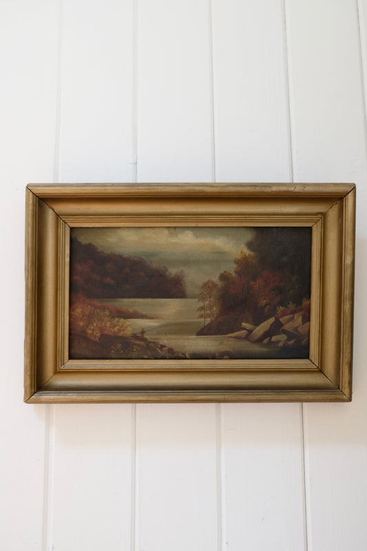 Antique Oil Painting on Canvas of a Moody River Scene