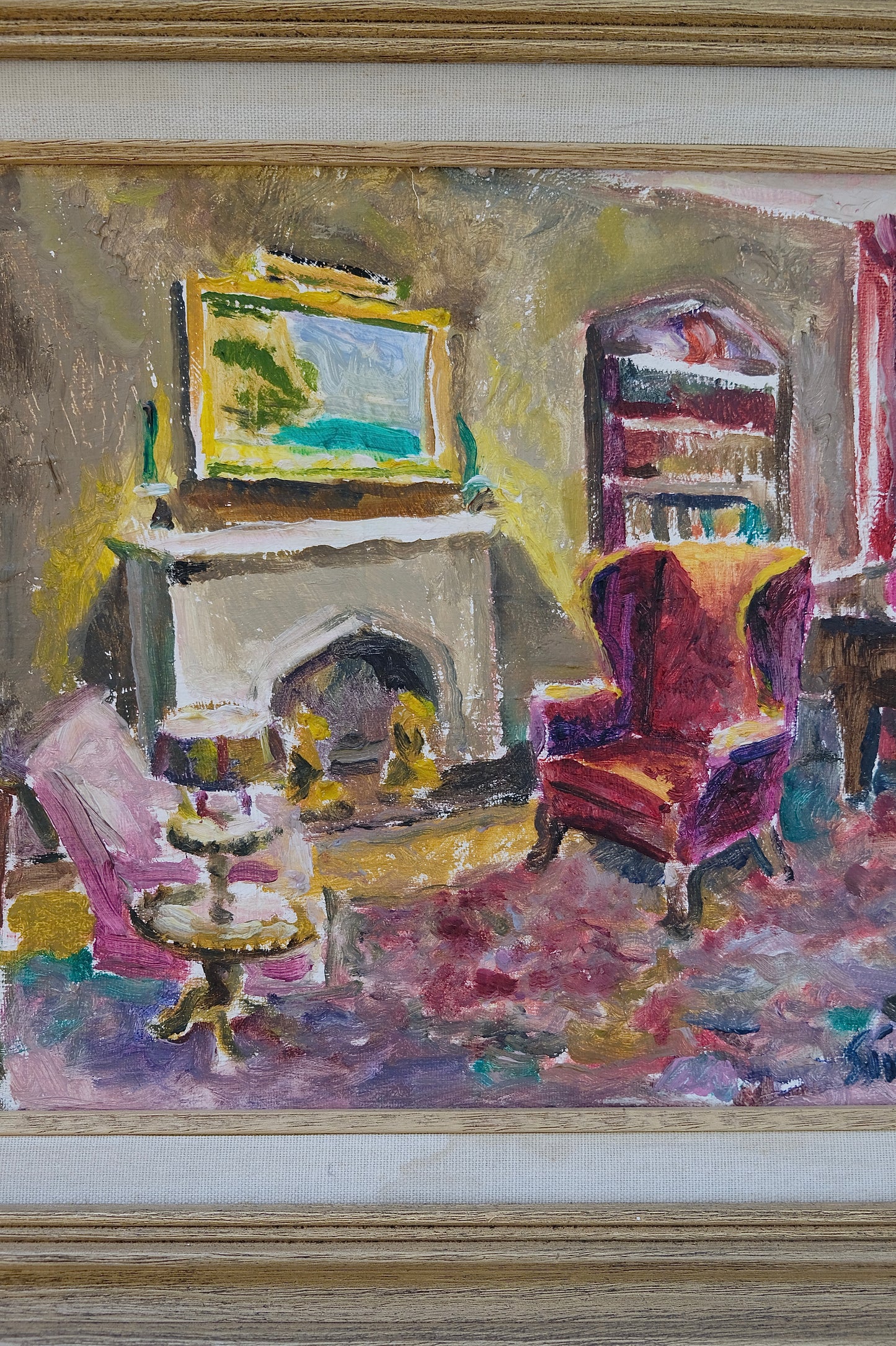 Signed Vintage Interior Scene Oil Painting (Framed, 19” x 16”)