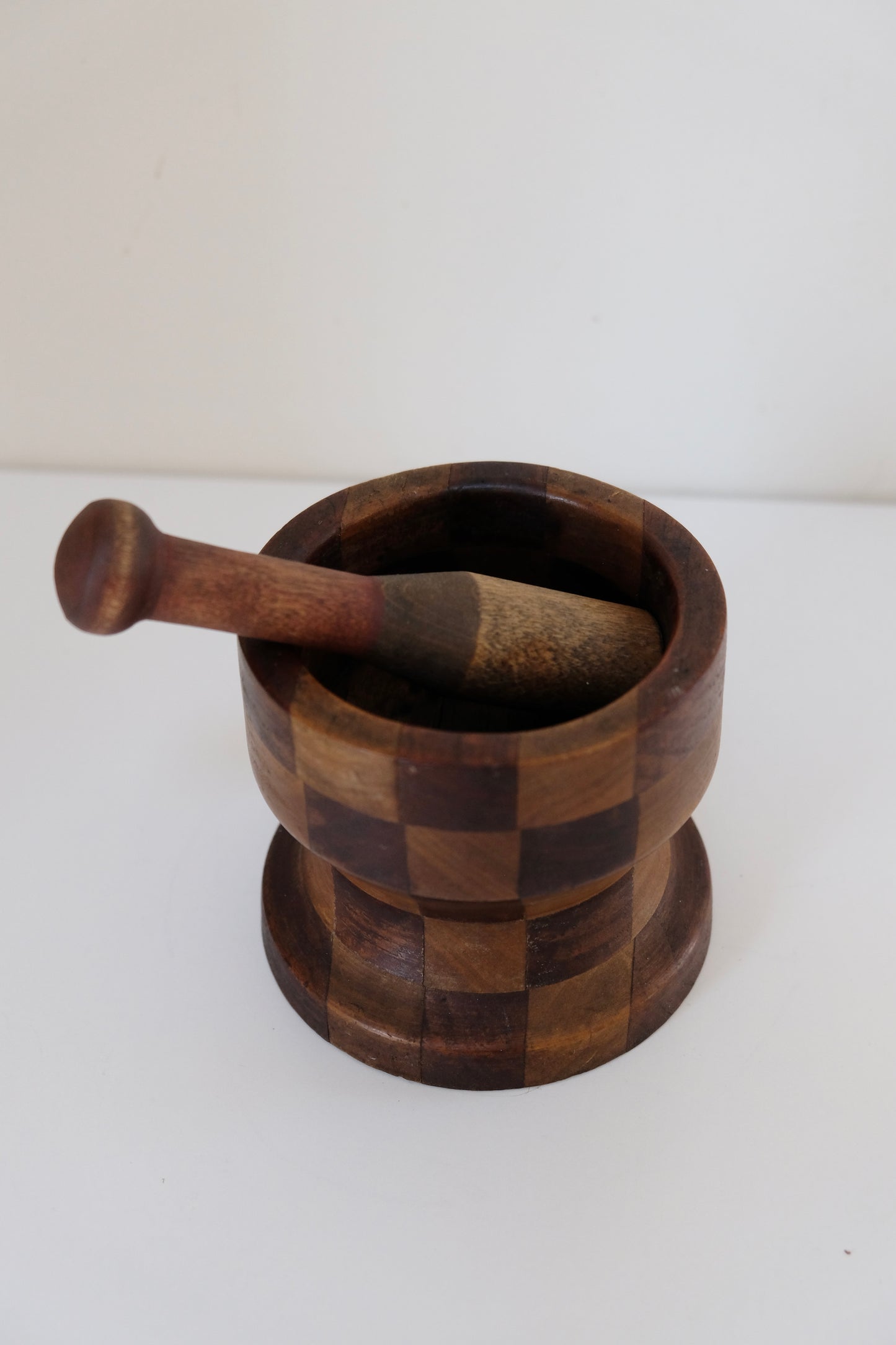 Vintage Wooden Mortar & Pestle, Checkered Pattern