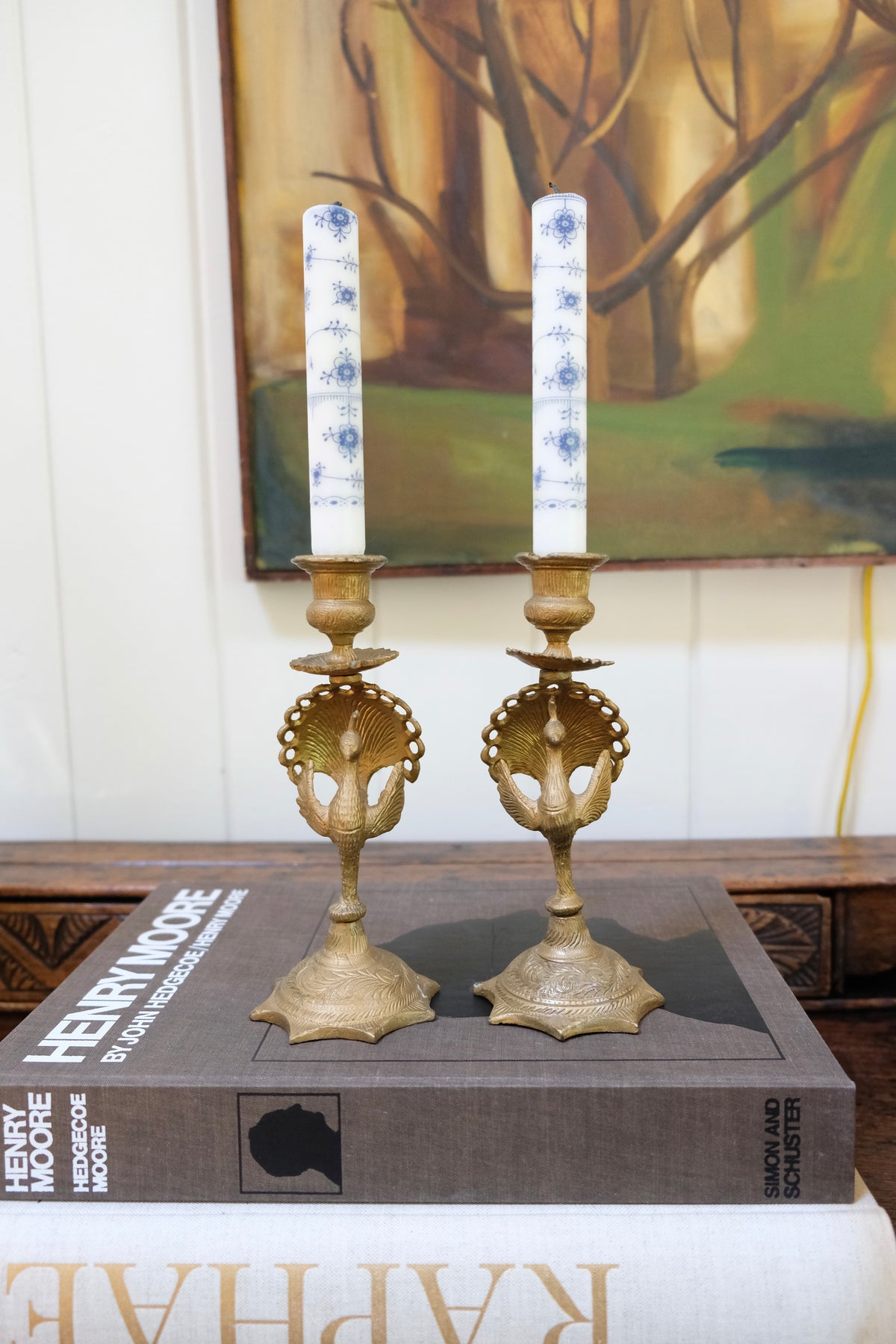 Pair of Antique Indian Brass Peacock Candlesticks