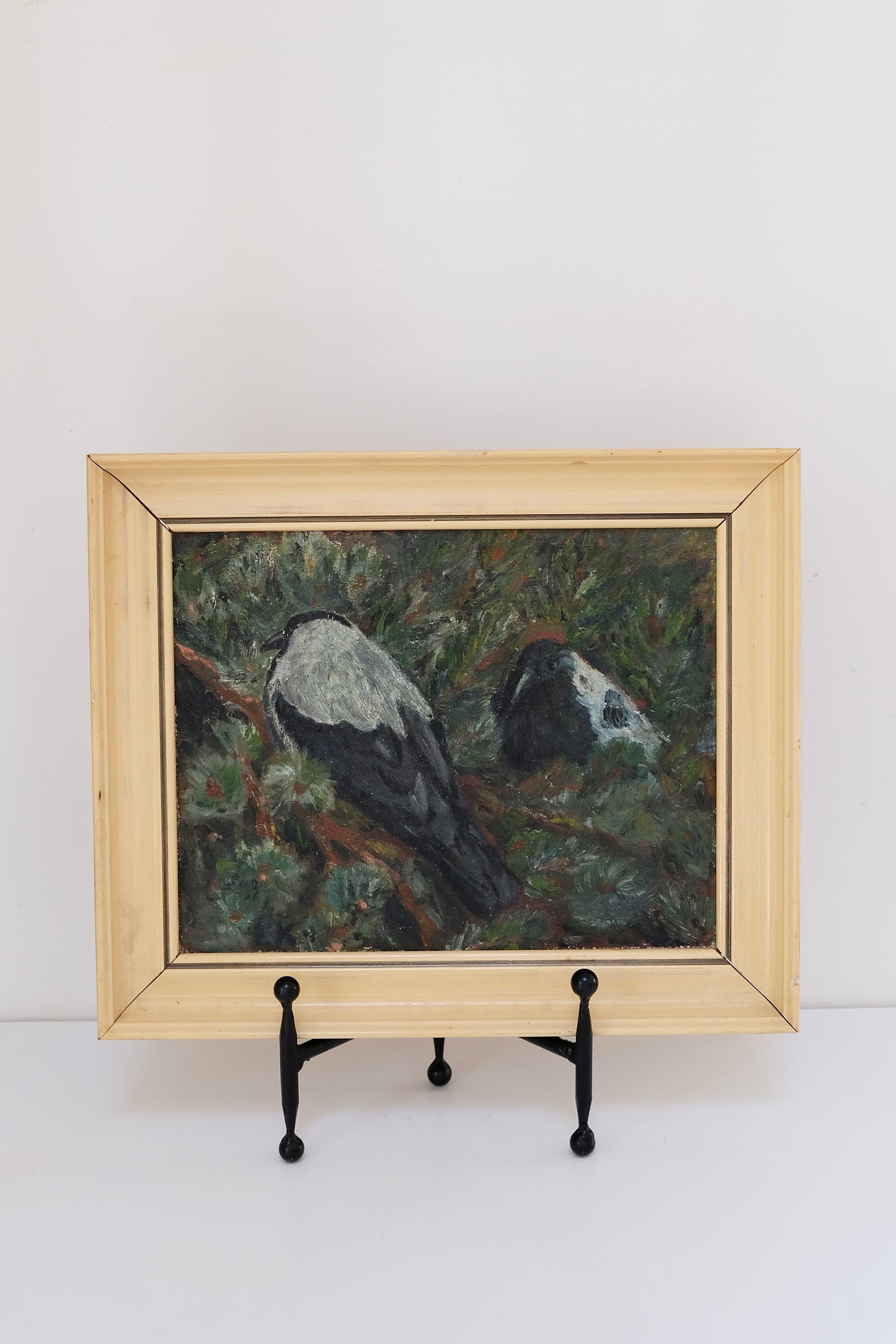 Vintage Danish Oil Painting of Two Hooded Crows, Initialed