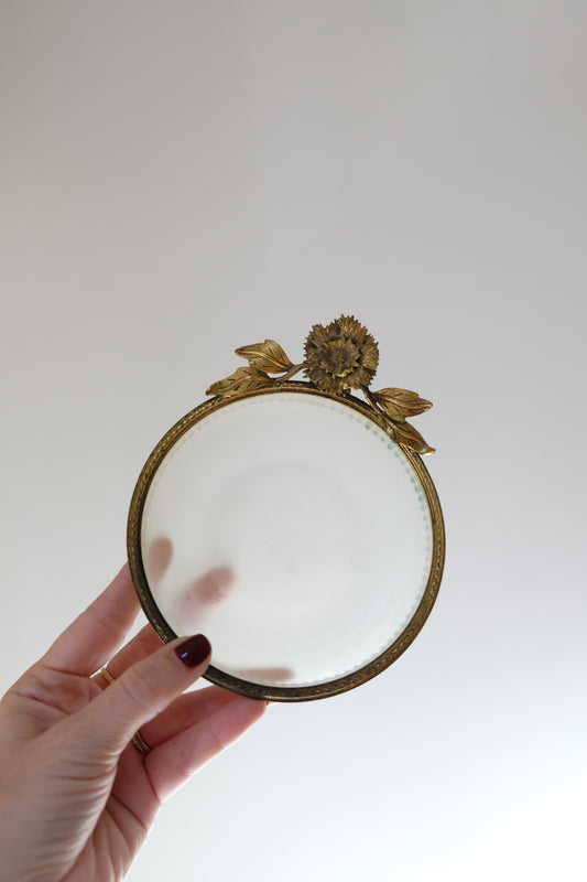 Vintage Frosted Glass Catchall with Gold Plated Flower