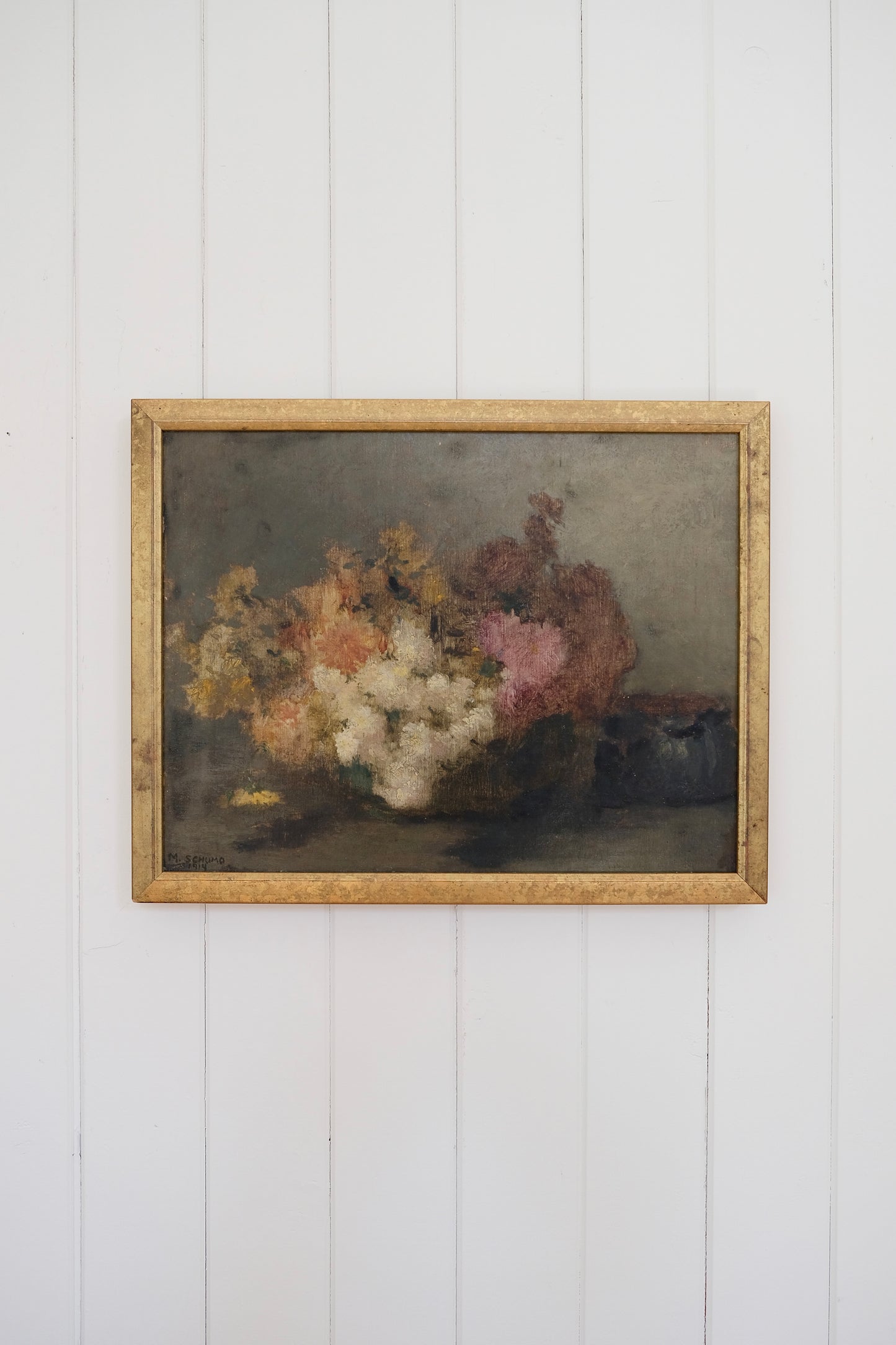 Antique Floral Still Life Oil Painting in Gilt Frame