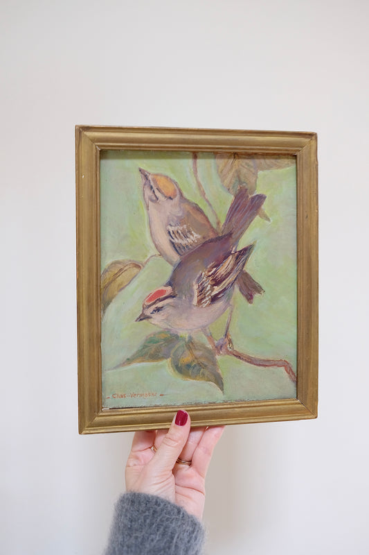 Vintage Oil Painting of Two Sweet Wrens