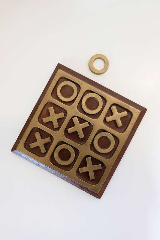 Vintage Wood and Brass Tic Tac Toe Set