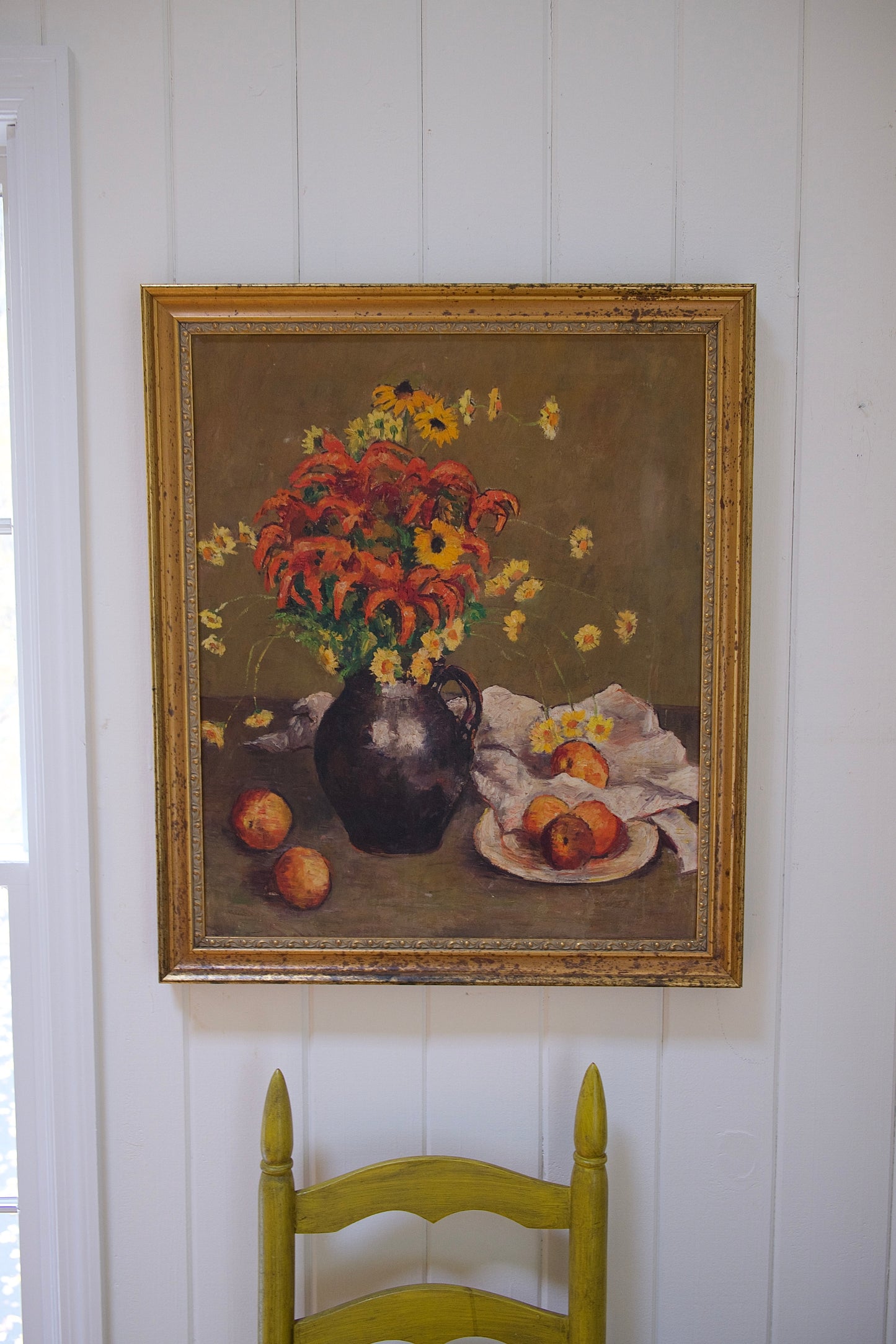 Large Vintage Still Life Painting with Lilies and Peaches (Framed, 27” x 23”)