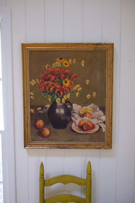 Large Vintage Still Life Painting with Lilies and Peaches (Framed, 27” x 23”)
