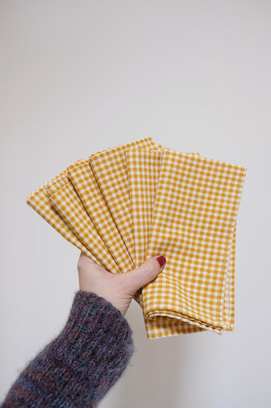 Vintage Yellow and White Gingham Cotton Napkins (6)