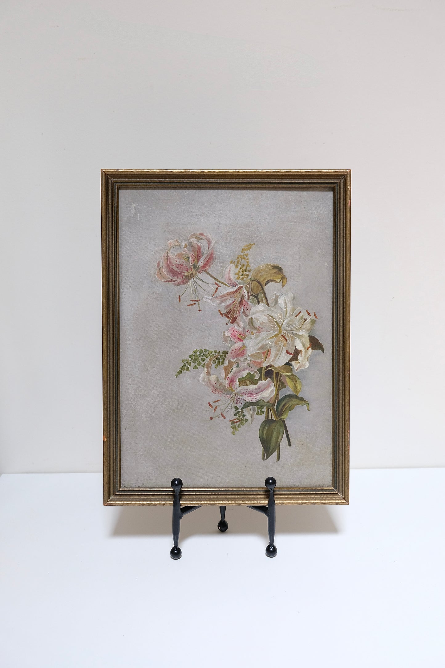 Antique Victorian Stargazer Lily Oil Painting in Original Gilt Frame