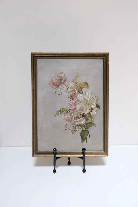 Antique Victorian Stargazer Lily Oil Painting in Original Gilt Frame
