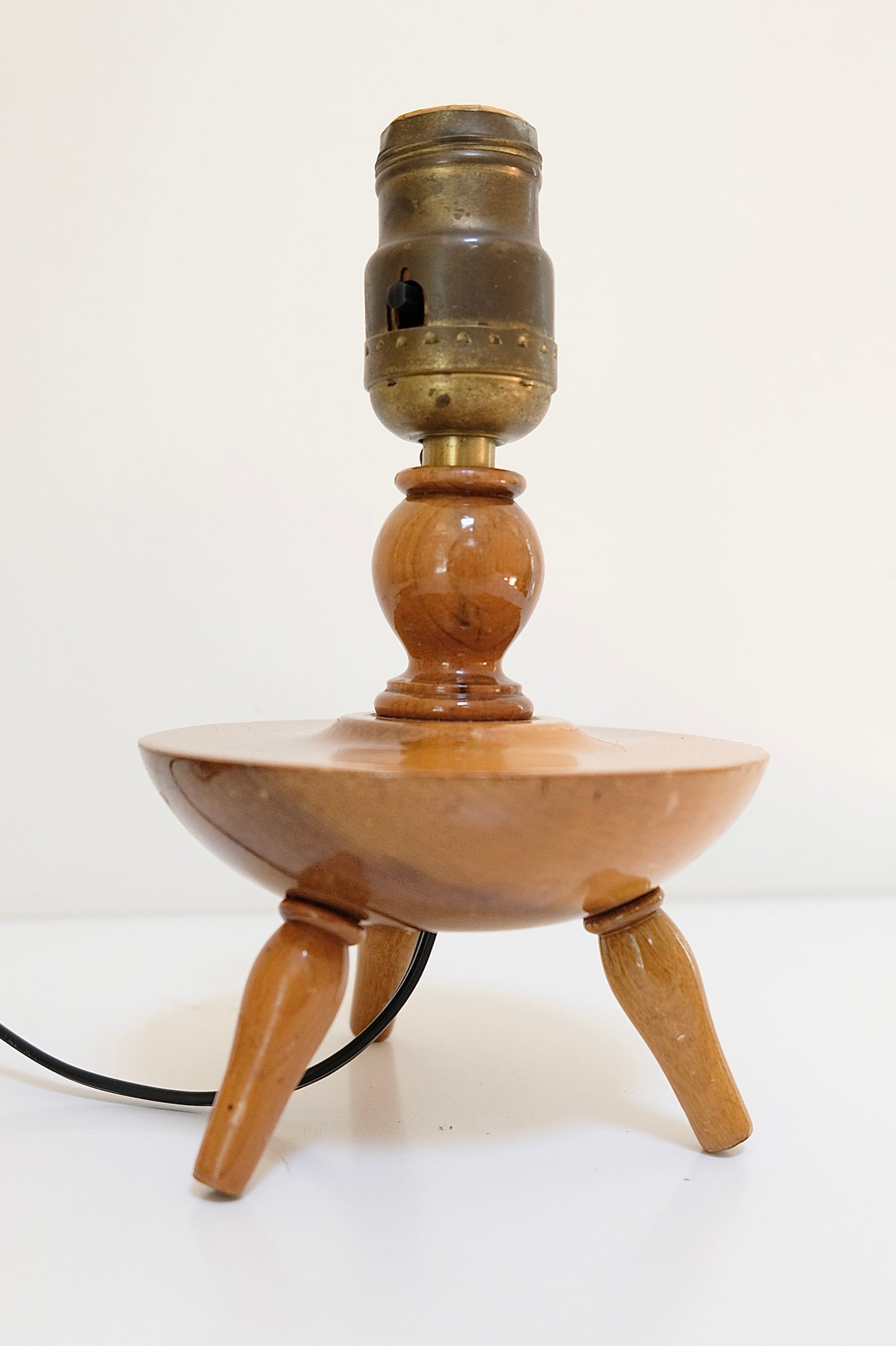 Vintage Turned Wood Tripod Table Lamp with Brass Socket, Newly Rewired