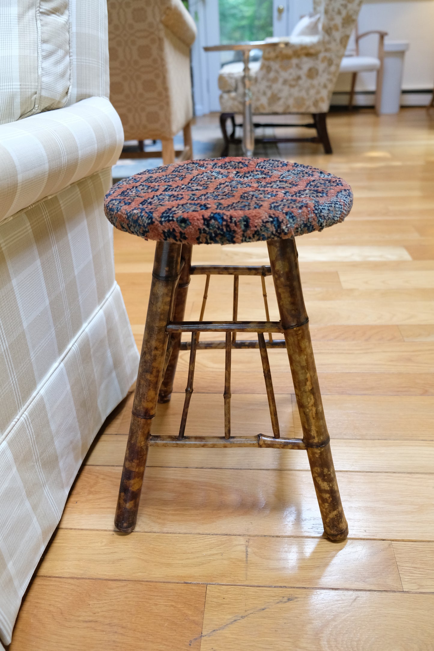 Vintage Bamboo Stool with Turkish Kilim Upholstery