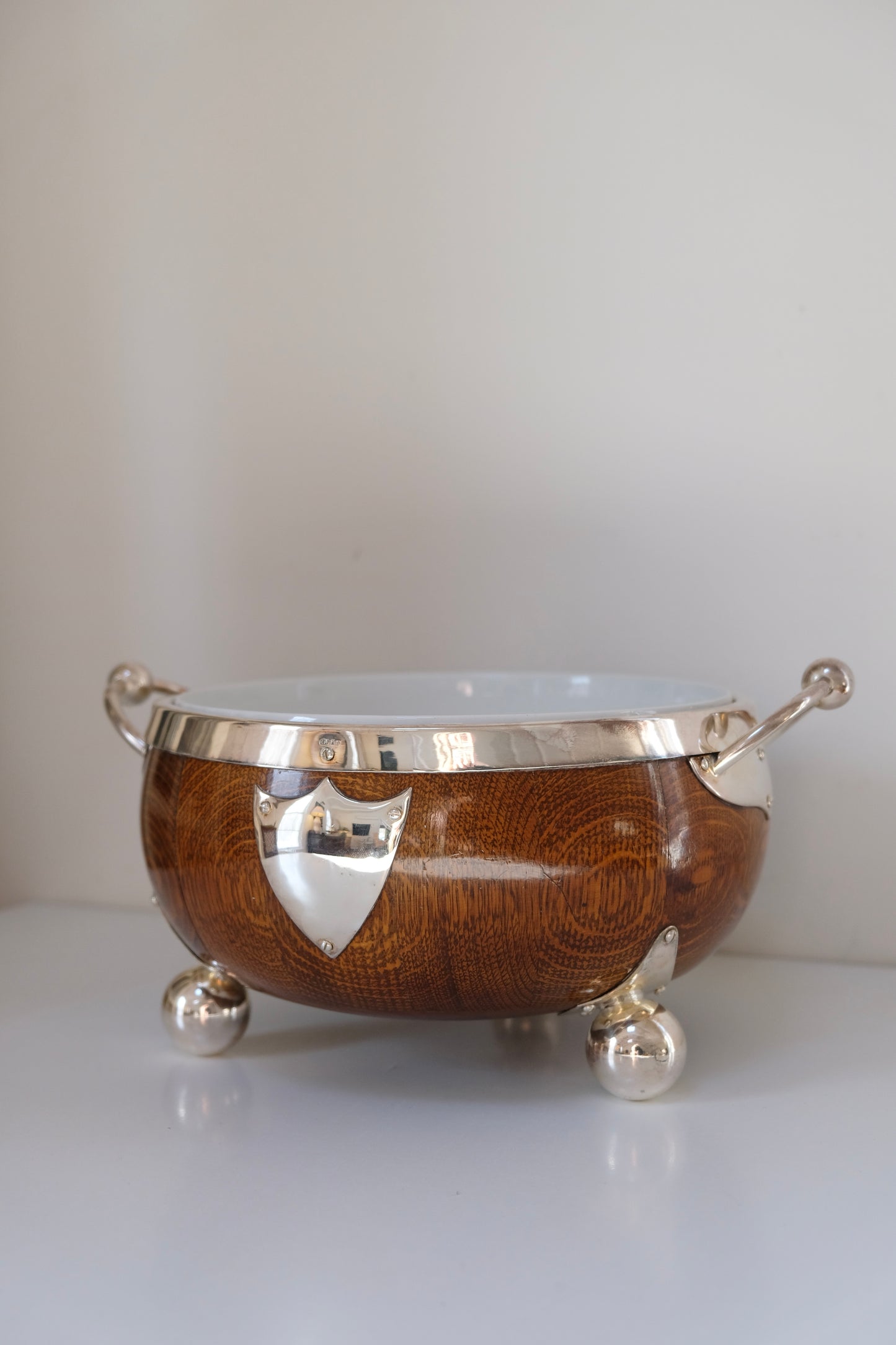 Antique English Oak Trophy Bowl with Insert and Ball Feet