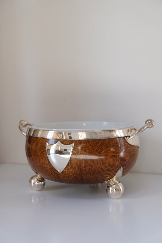 Antique English Oak Trophy Bowl with Insert and Ball Feet
