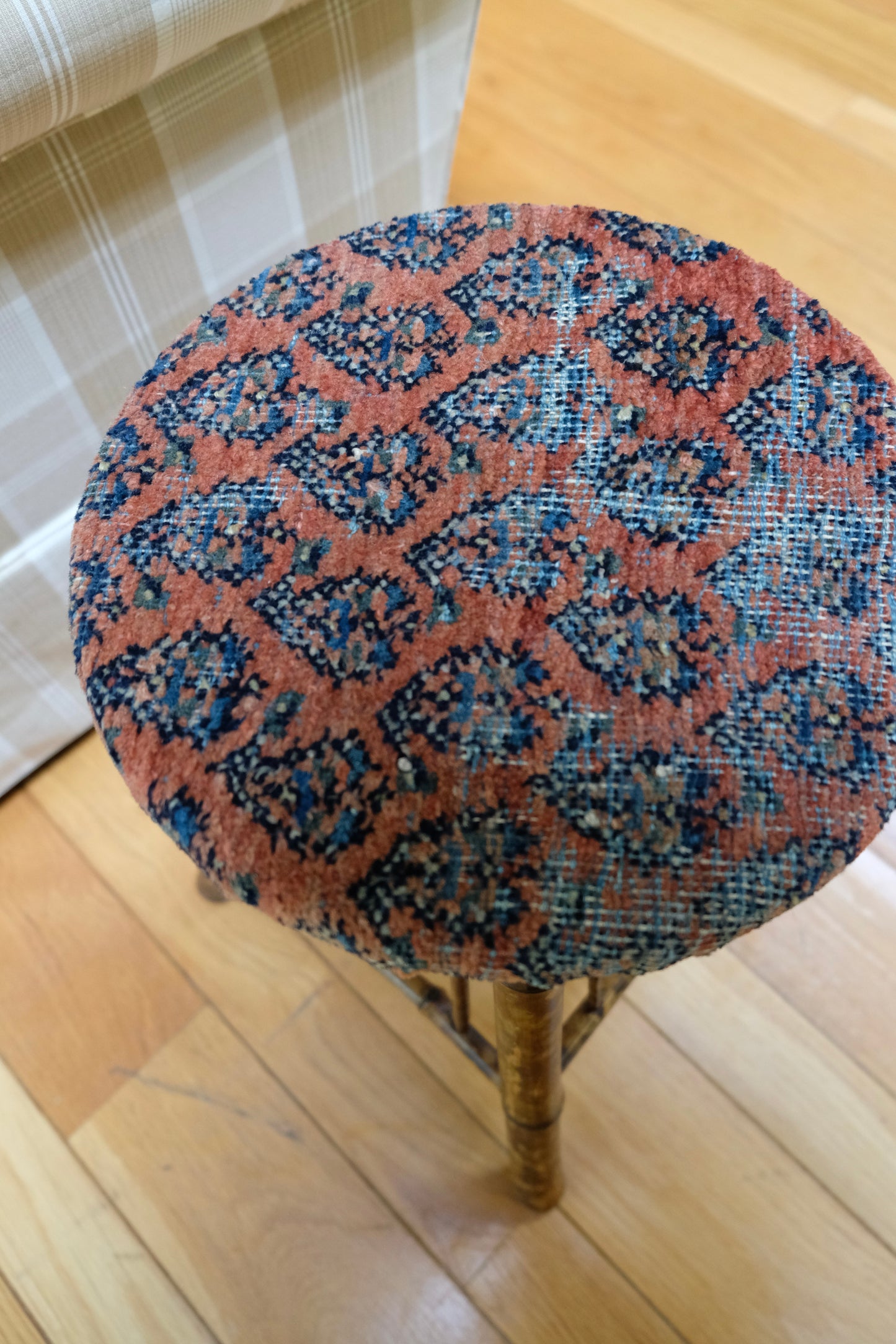 Vintage Bamboo Stool with Turkish Kilim Upholstery