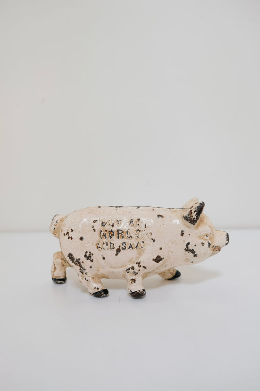 Early 20th Century Cast Iron Piggy Bank, Original White Paint