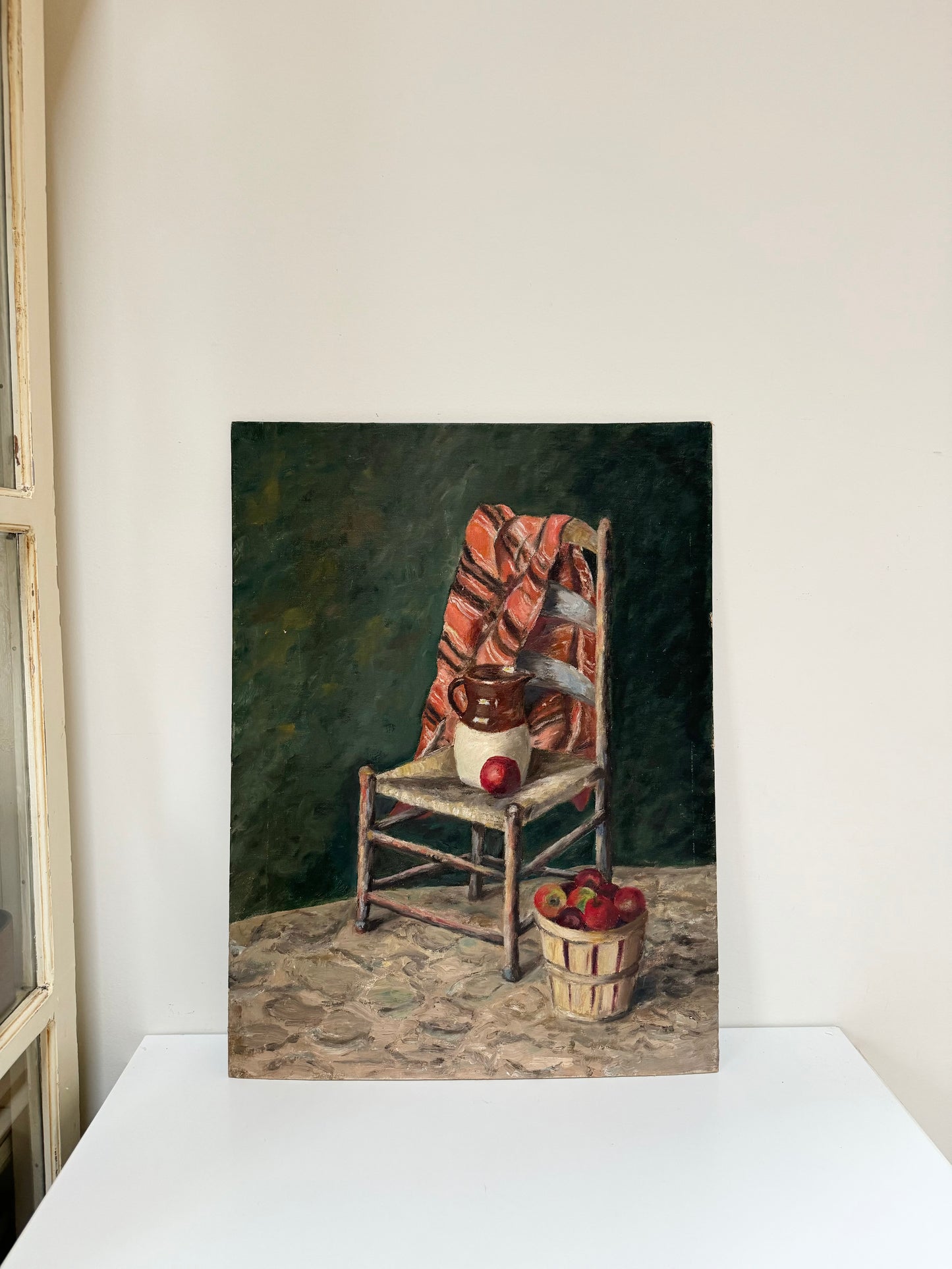 Vintage Still Life Oil on Board ft chair with a woven blanket and apples