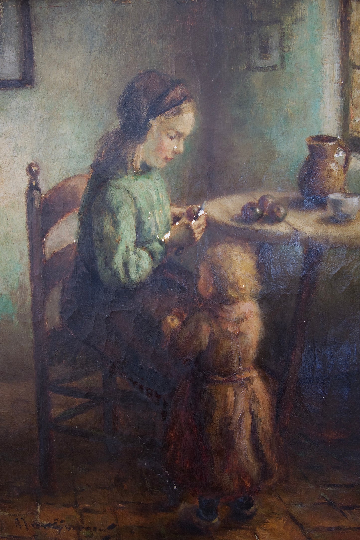 Signed Antique Mother And Child Oil Painting, Framed