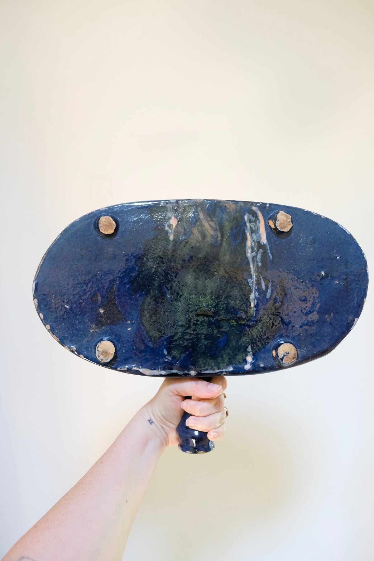 Vintage French Biot Blue Glazed Pottery Dish