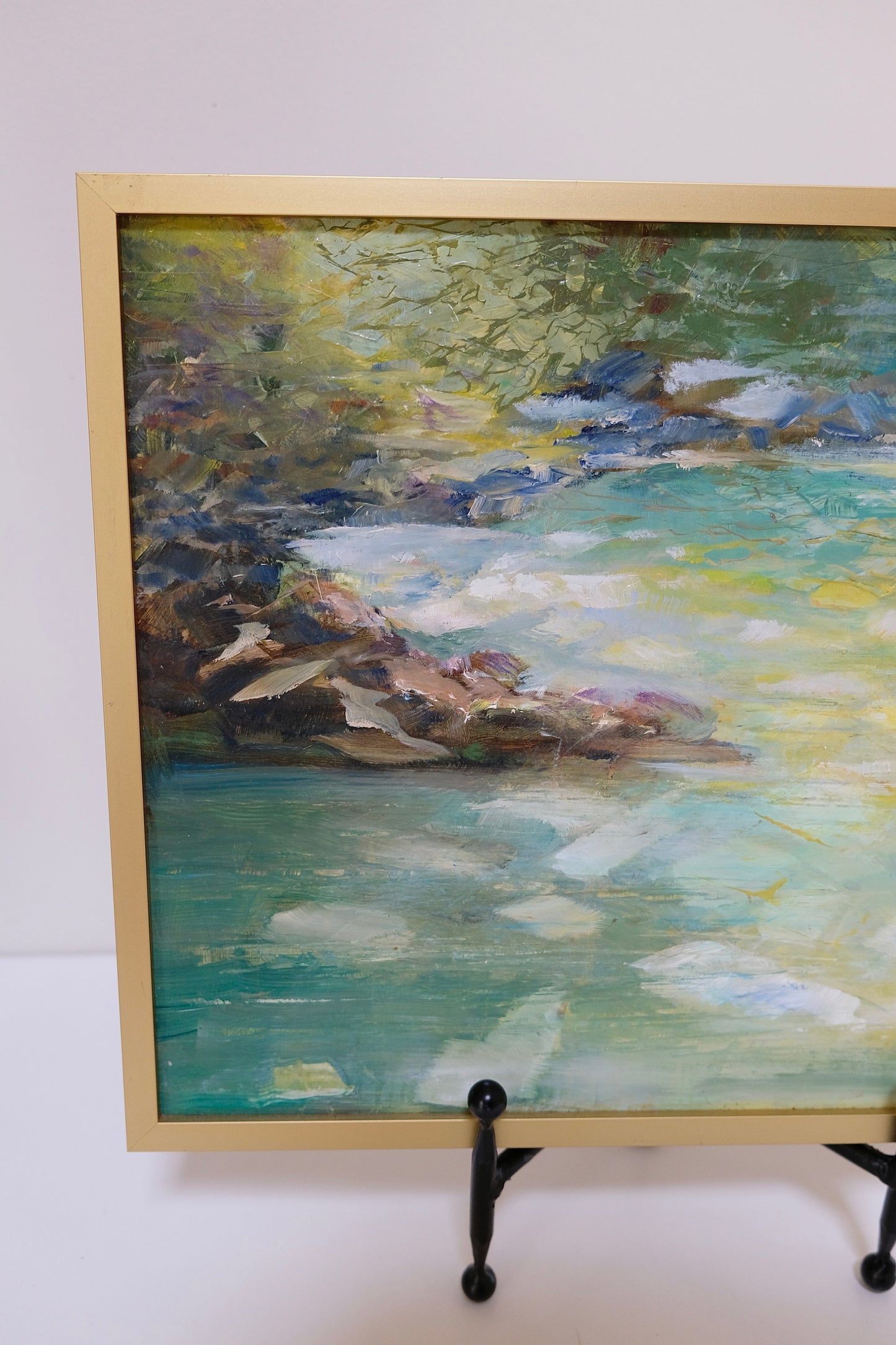 Vintage Signed River Painting in Gold Frame