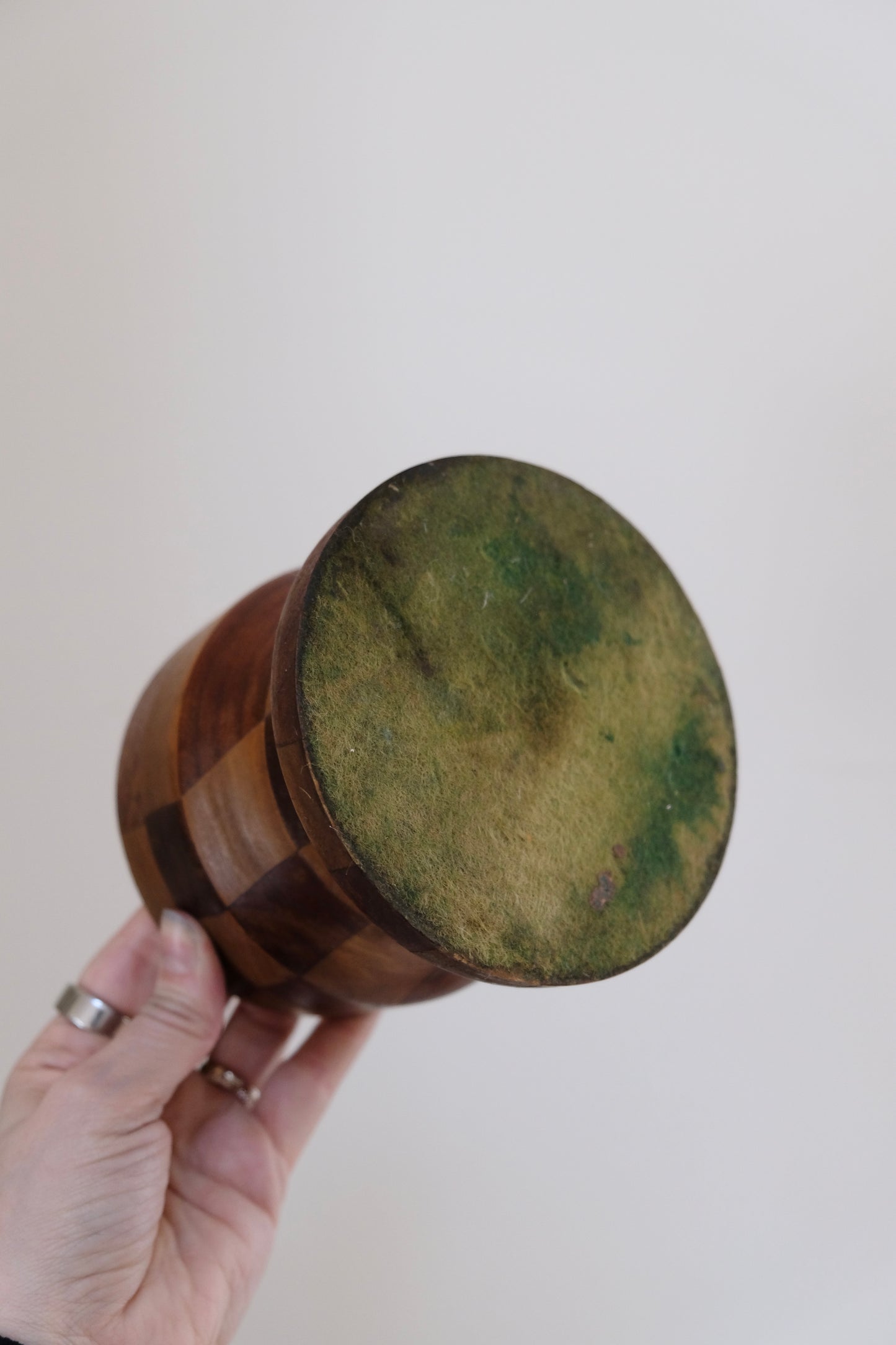 Vintage Wooden Mortar & Pestle, Checkered Pattern