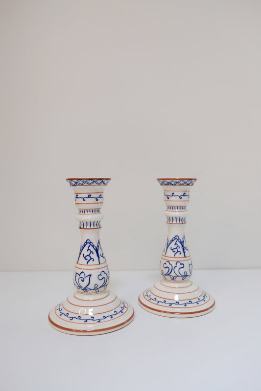 Pair of Tiffany & Co Blue and White Ceramic Candle Holders