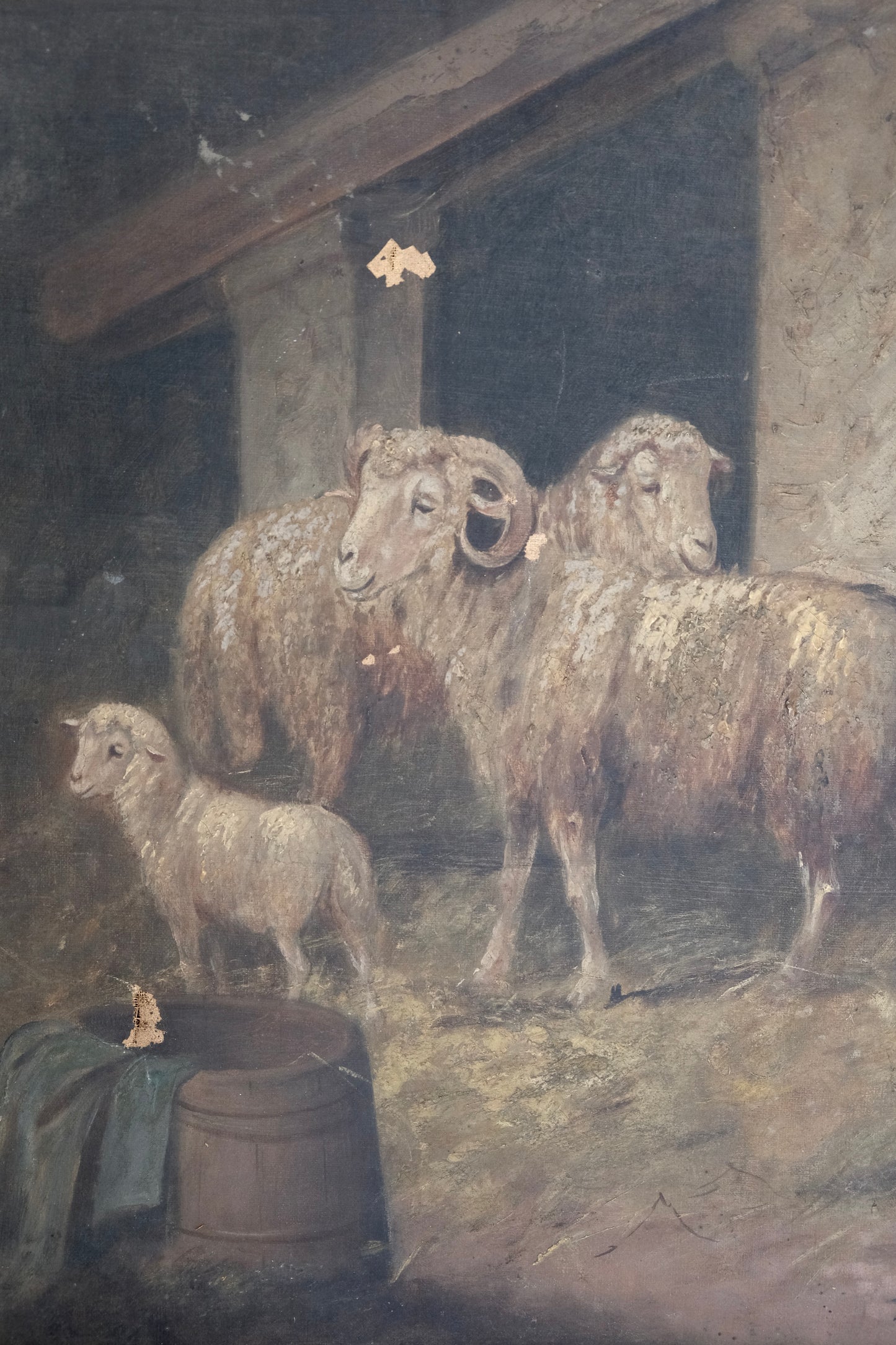 Antique Sheep Painting on Canvas, Signed