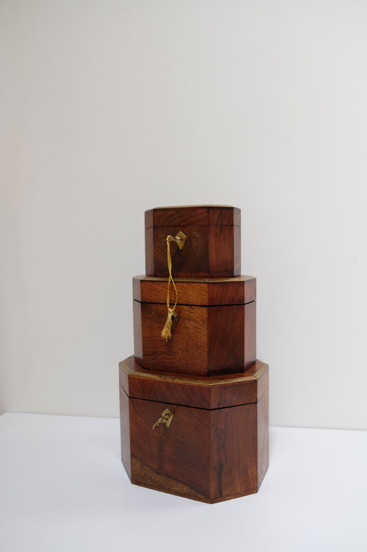 Vintage Nesting Tea Caddy Box Trio with Brass Accents and Keys