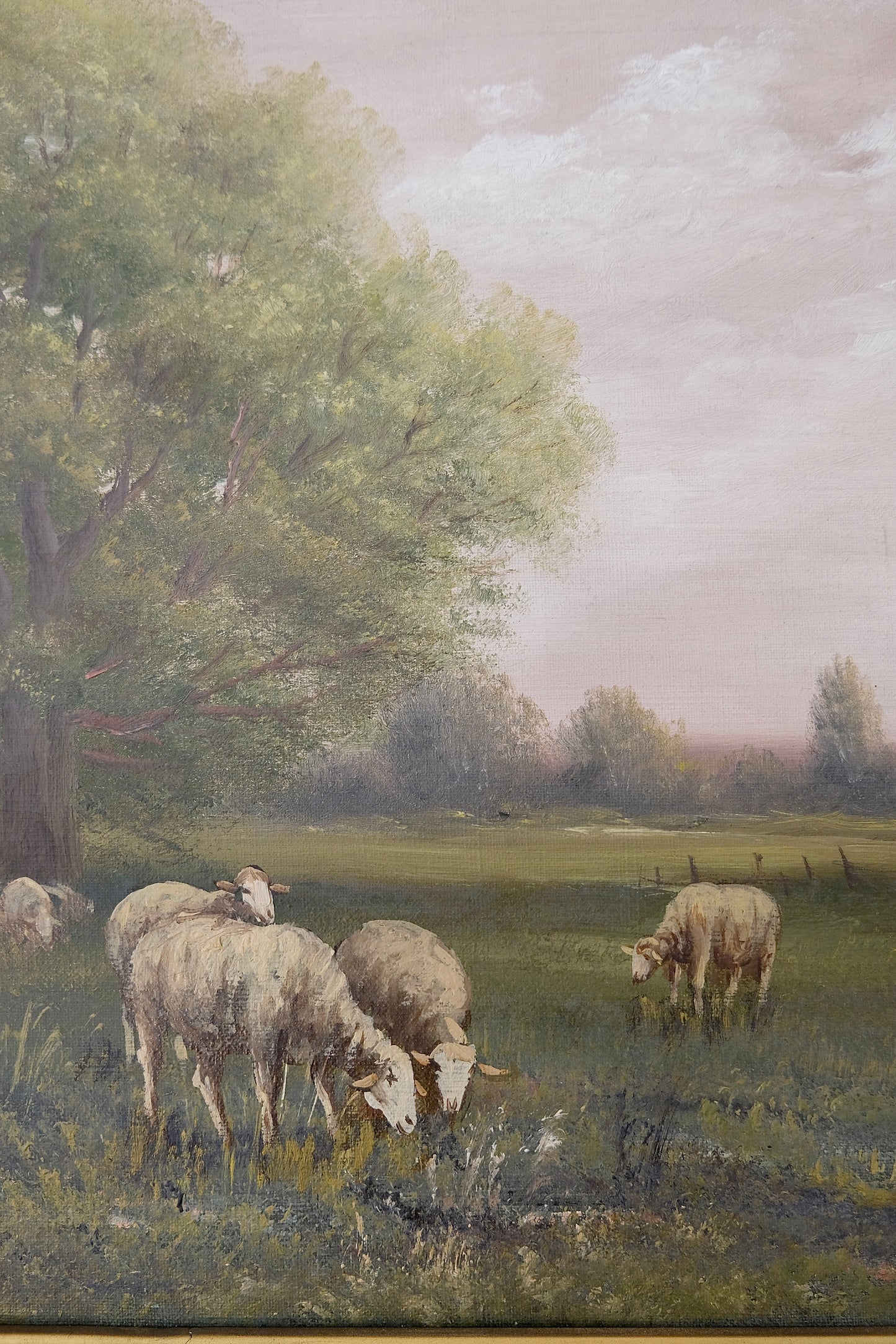 Signed Antique Oil Painting of Sheep in Pasture, by John Parker Davis