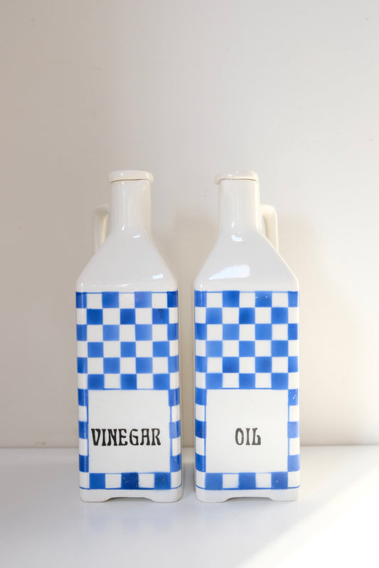 Vintage 1960s European Blue and White Checkered Oil and Vinegar Cruets