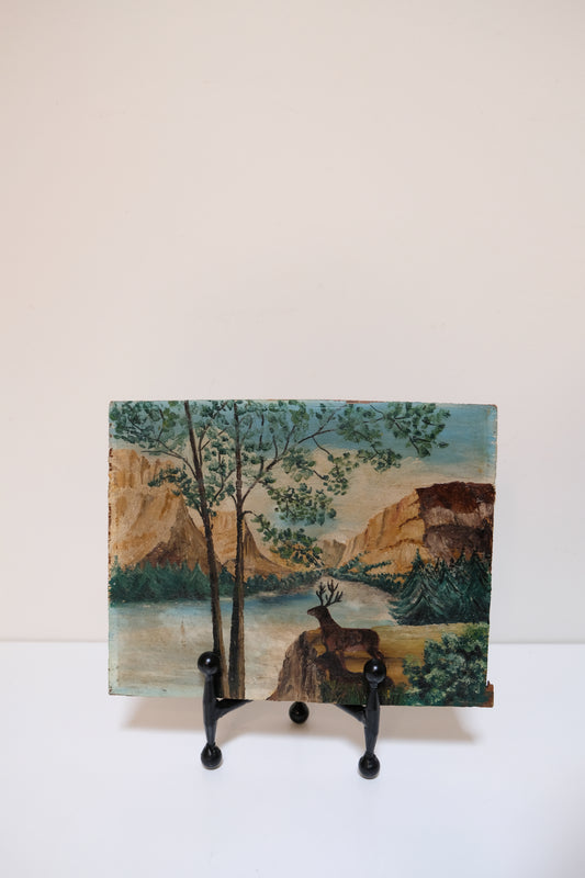 Antique Oil Painting of River and Staggs