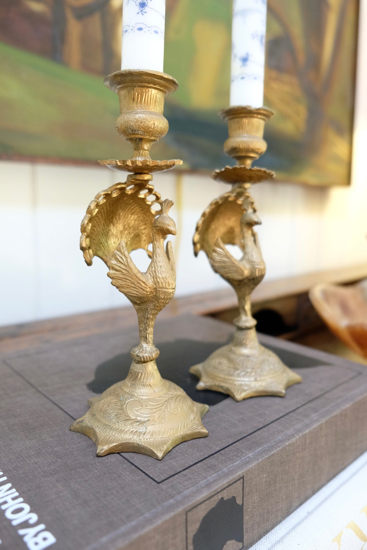 Pair of Antique Indian Brass Peacock Candlesticks