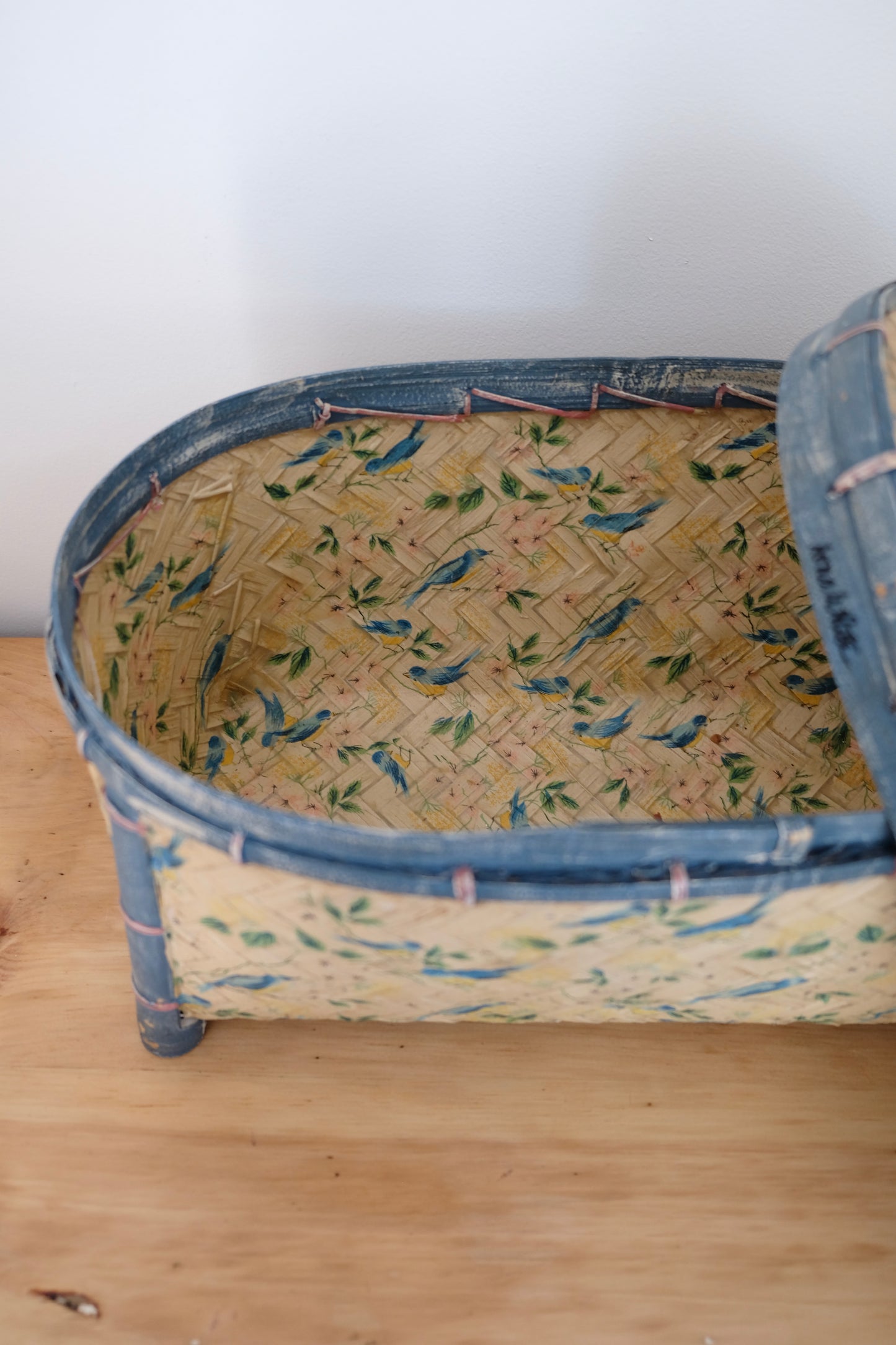 Vintage Painted and Signed Lidded Basket with Birds