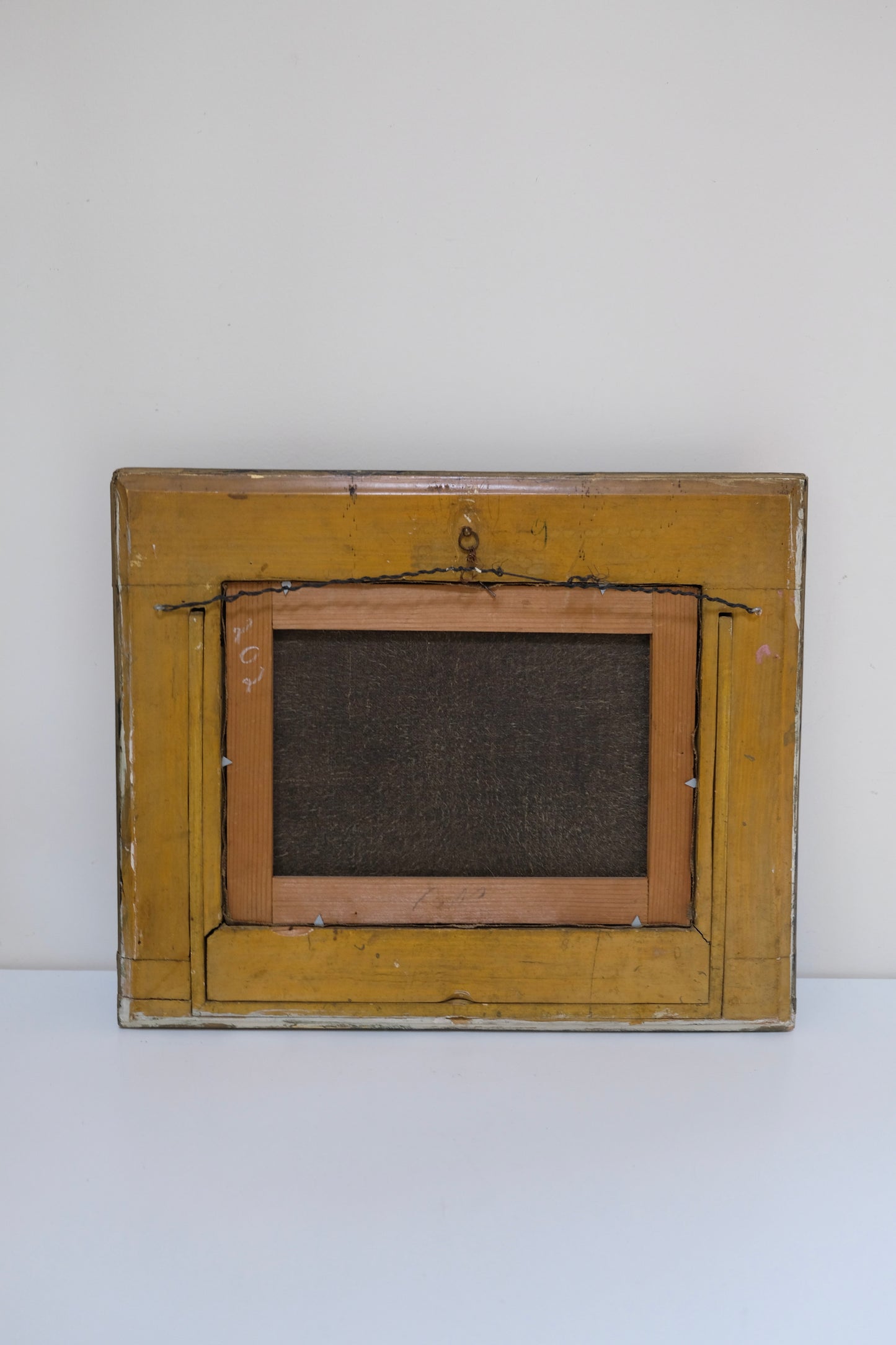 Antique Mountain Village Oil Painting in Aged Wooden Frame